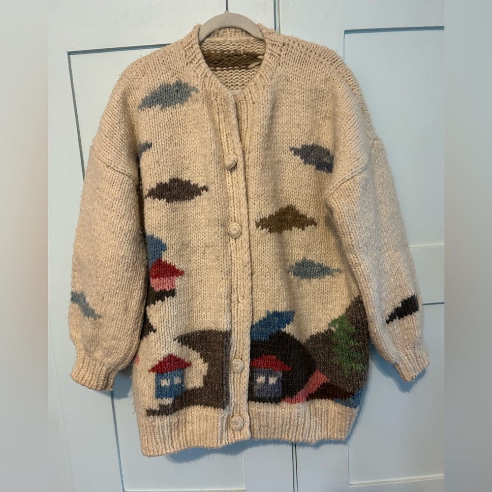Vintage hand knit heavy wool cardigan sweater, size XL